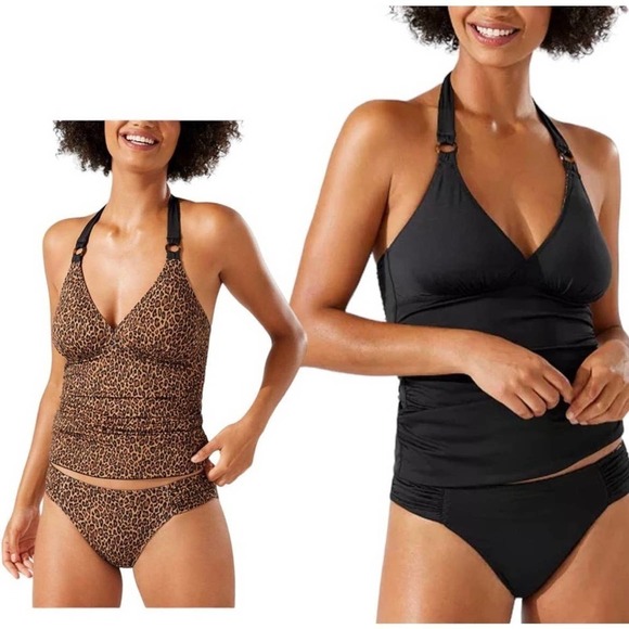 Tommy Bahama Leopard Print / Solid Black Reversible Tankini Top UPF - Picture 2 of 11